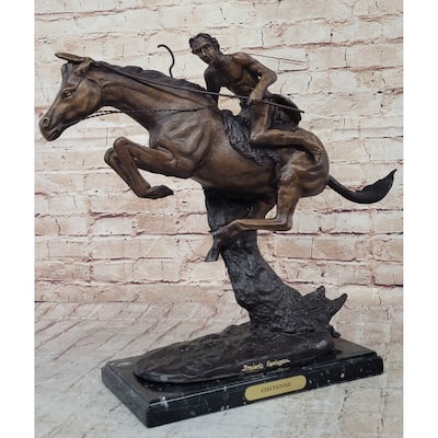 Cheyenne By Frederic Remington Native American Horseback Western Bronze Statue Sculpture 17 Inches X 19 Inches