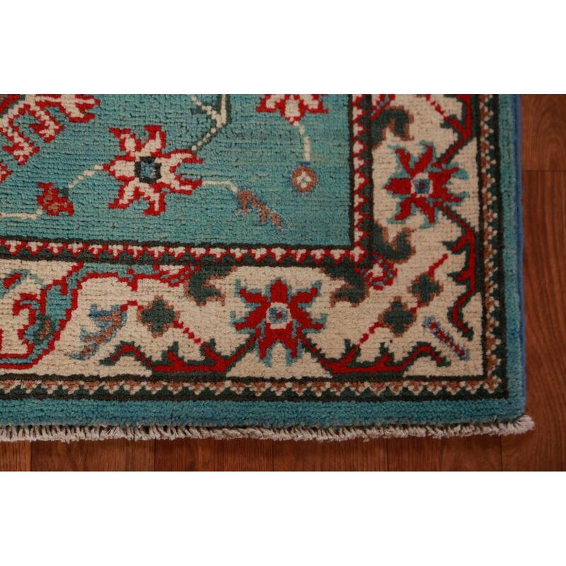 Geometric Kazak Foyer Rug Hand-Knotted Blue Traditional Wool Carpet - 2'8"x 4'0"