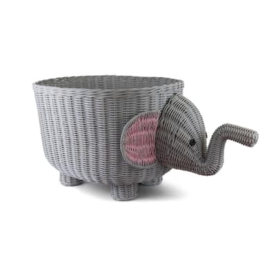 28" Large Hand Woven Gray Elephant Rattan Storage Basket Bin Shelf Organizer Handmade Gift Wicker