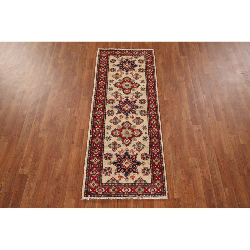 Geometric Kazak Runner Rug Hand-Knotted Beige Wool Carpet - 2'3" x 5'11"