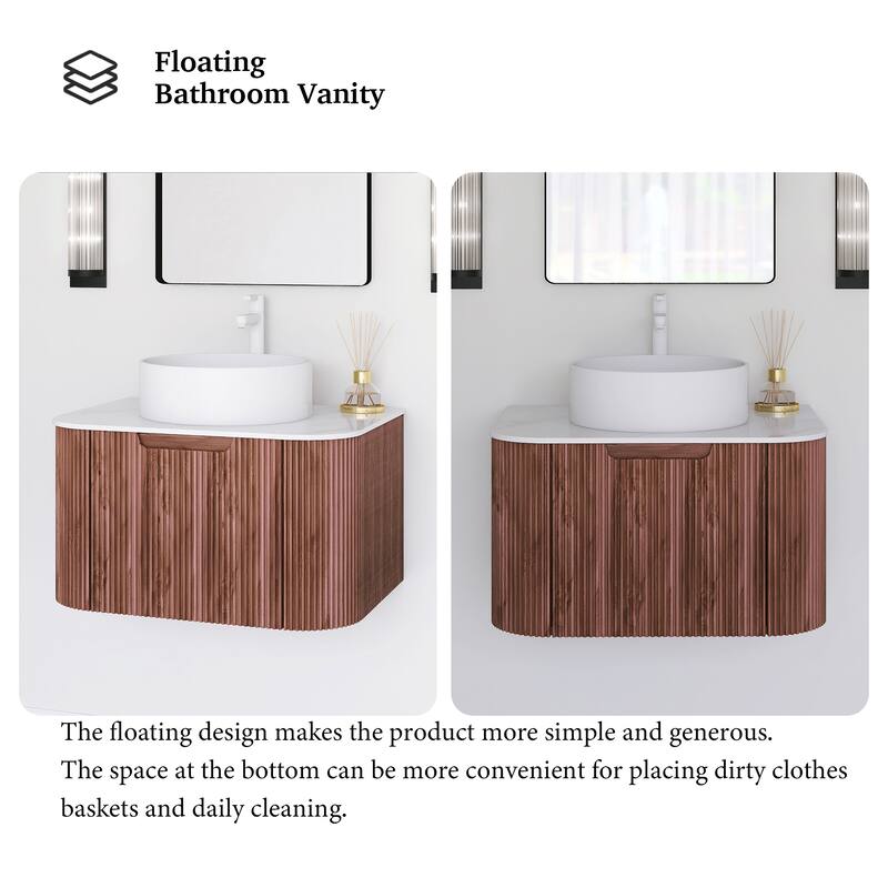 Plywood Wall-Mounted Bathroom Vanity Set with Integrated Ceramic Sink in Natural Wood