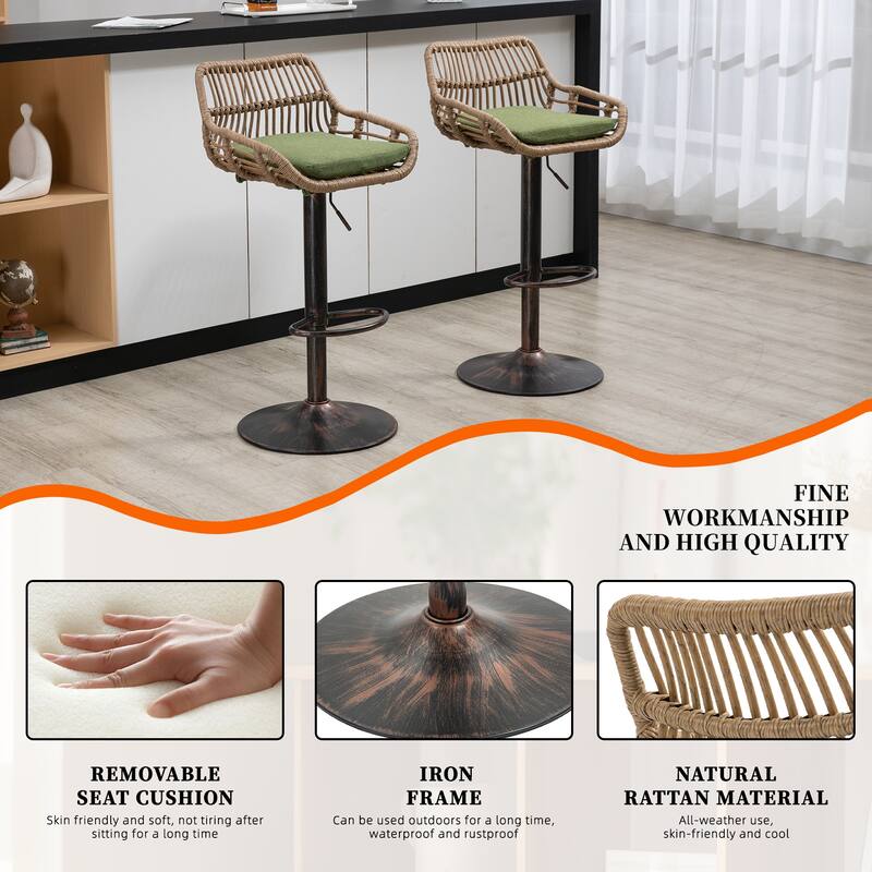 Plastic Rattan Linen Swivel Adjustable Height Bar Stools With Footrest(set of 2)