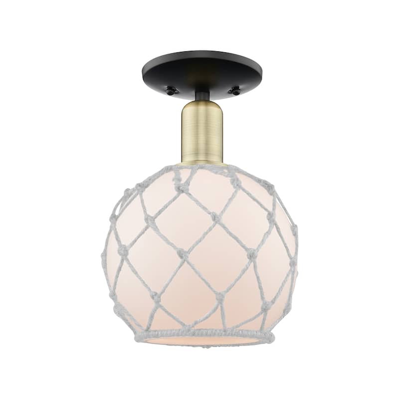 Innovations Lighting 716-1C-12-8 Farmhouse Rope Semi-Flush Farmhouse - Black Antique Brass / White Glass with White Rope