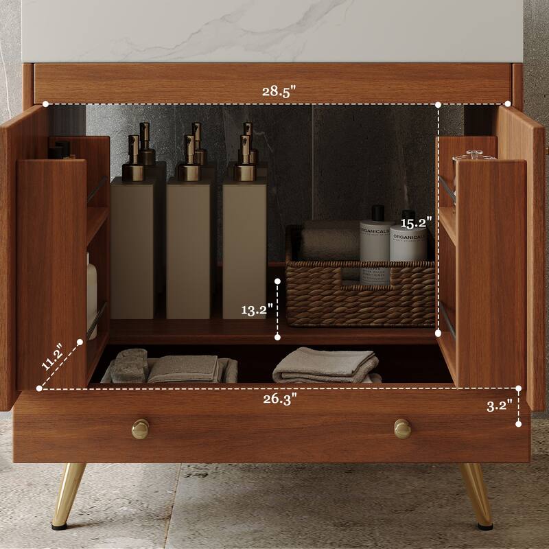 Mid-Century 30" Freestanding Bathroom Vanity with Faux Marble Top, Ceramic Sink & Gold Legs Cabinet