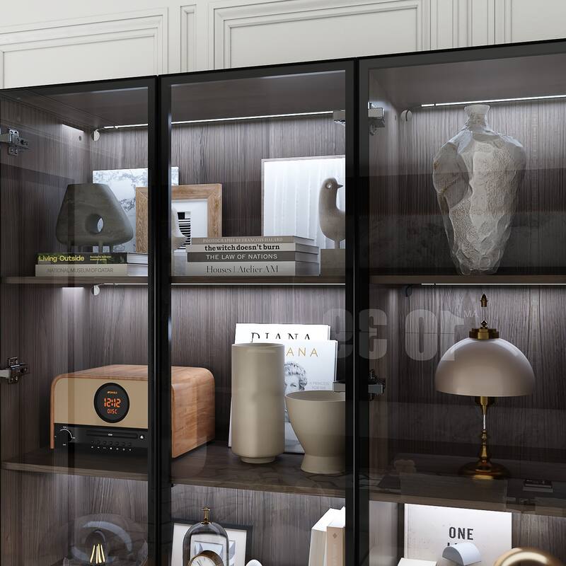 LED-Lit Wood Grain Cabinet - Configurable Storage for Home or Office