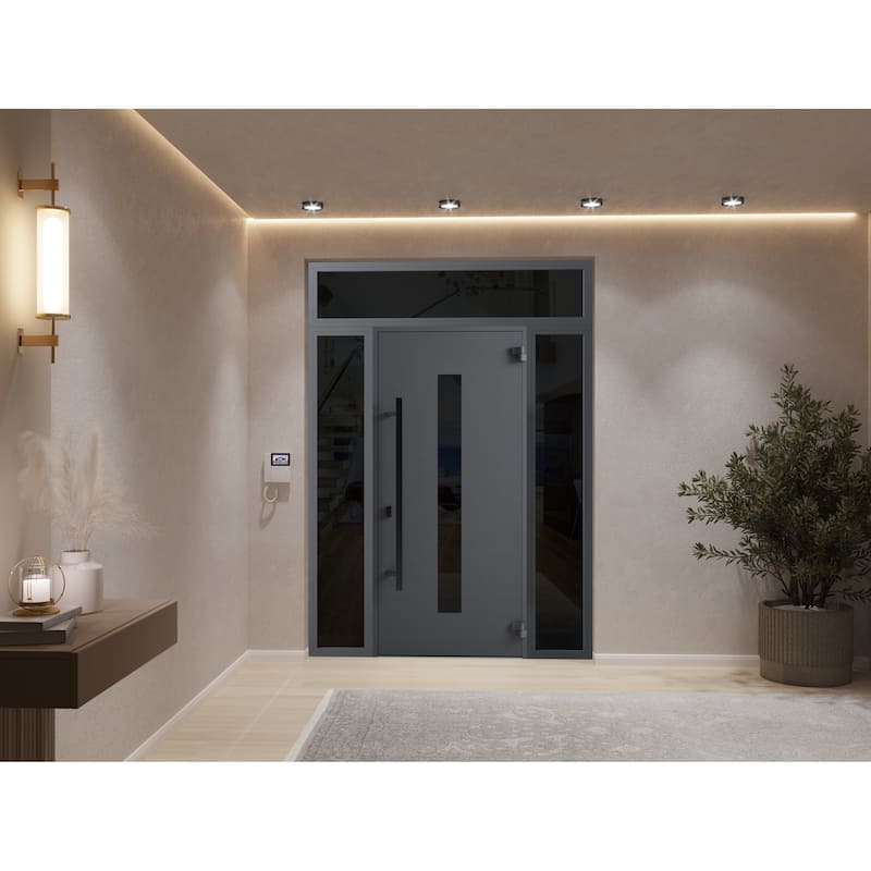 Front Prehung Steel Door Ronex 1011 Grey Side and Top Window Sidelite Stainless Inserts W36+12xH80+16 Lh I