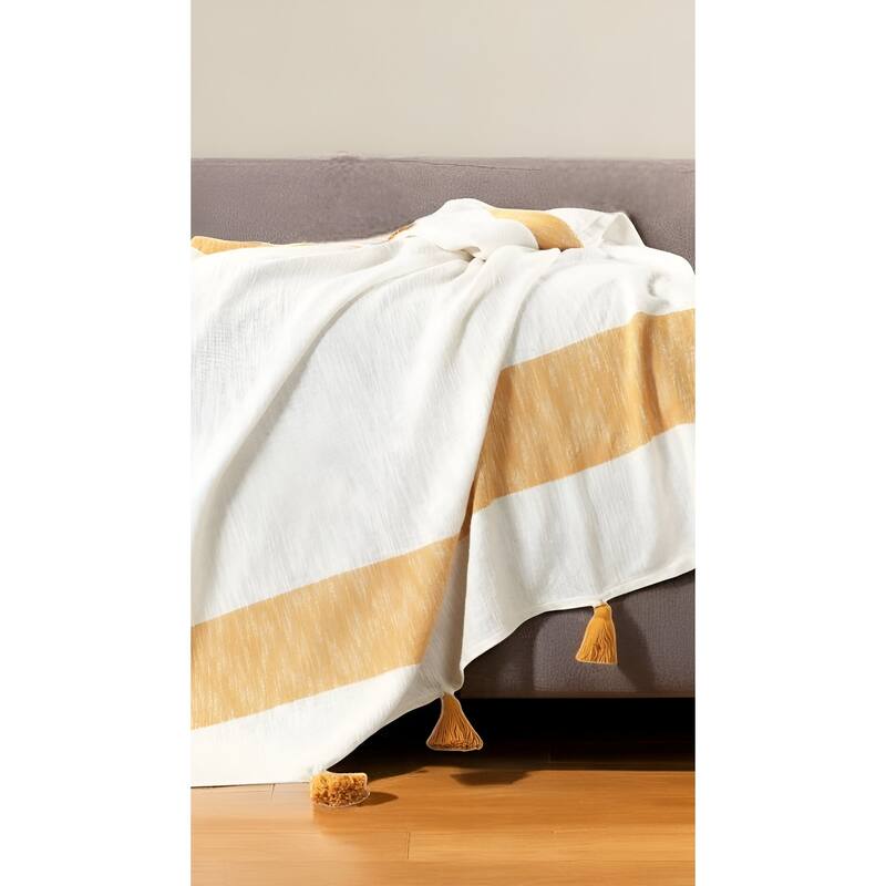 50" X 60" Yellow Woven Cotton Striped Throw Blanket with Tassels - Throw