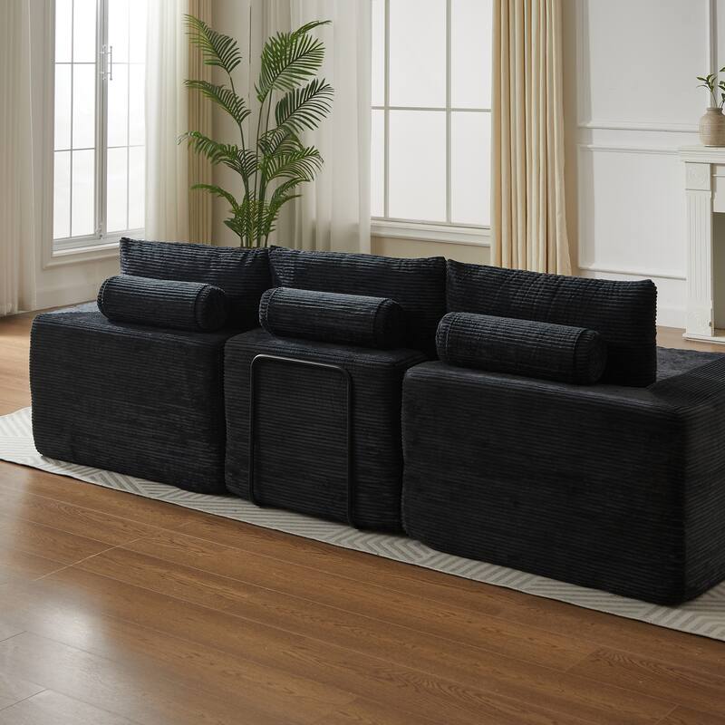 L-Shaped Sectional Sofa with Chaise Lounge, Corduroy Upholstered Boneless Couch, Module Corner Sofa with 3 Pillows
