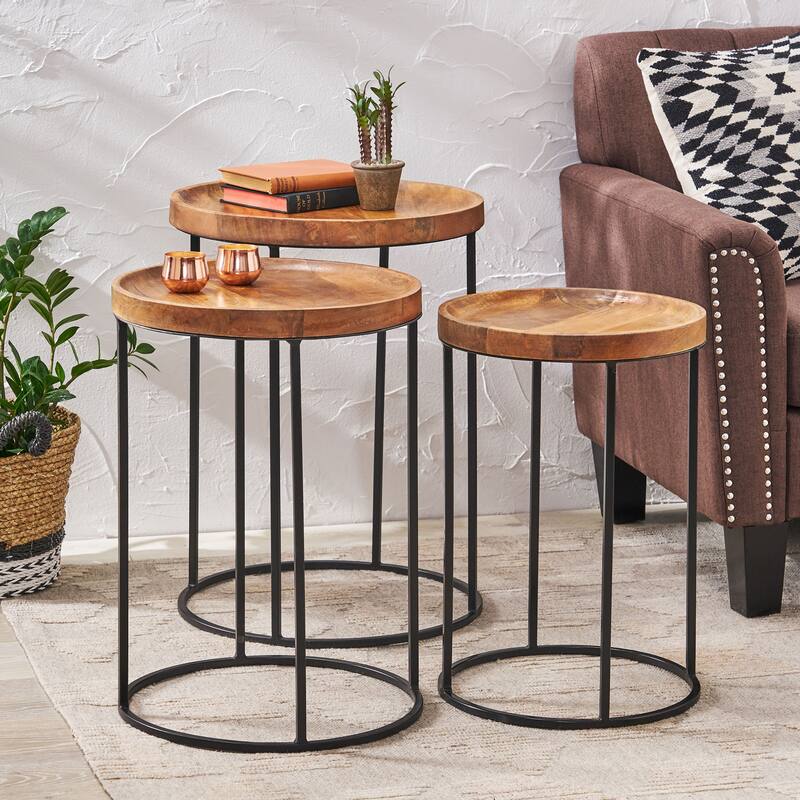Roomfitters Industrial Nesting Side Tables, Solid Mango Wood Tops, Black Iron Base, Set of 3, Rustic and Modern Style