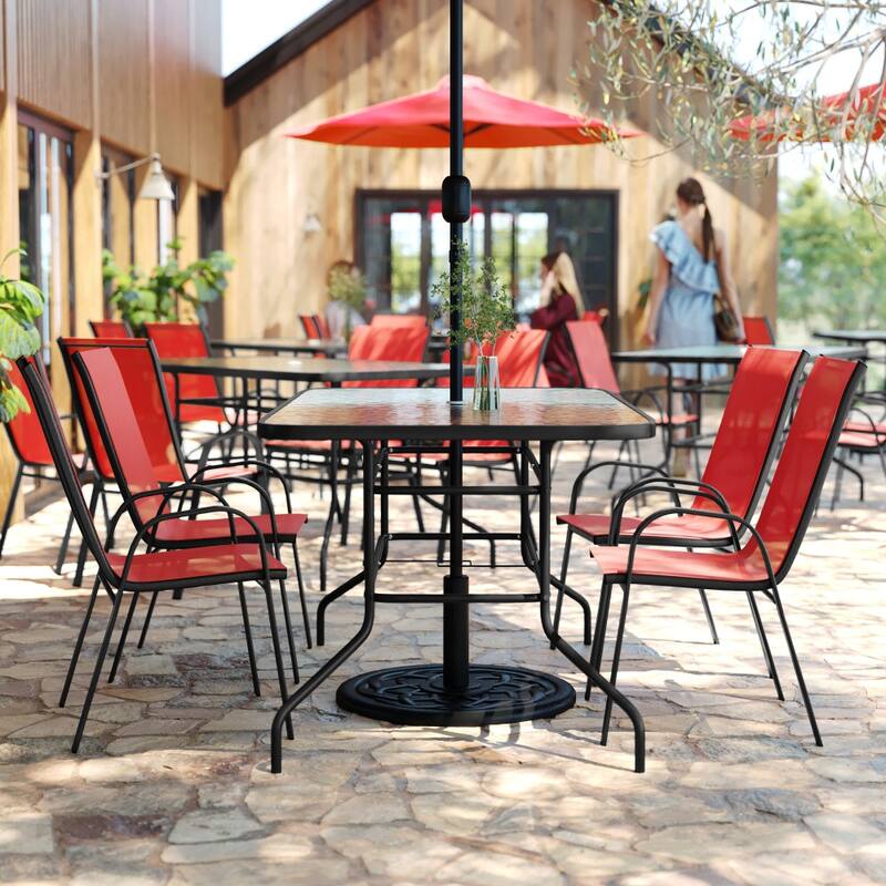 5 Piece Patio Dining Set - Glass Table, 4 Flex Stack Chairs