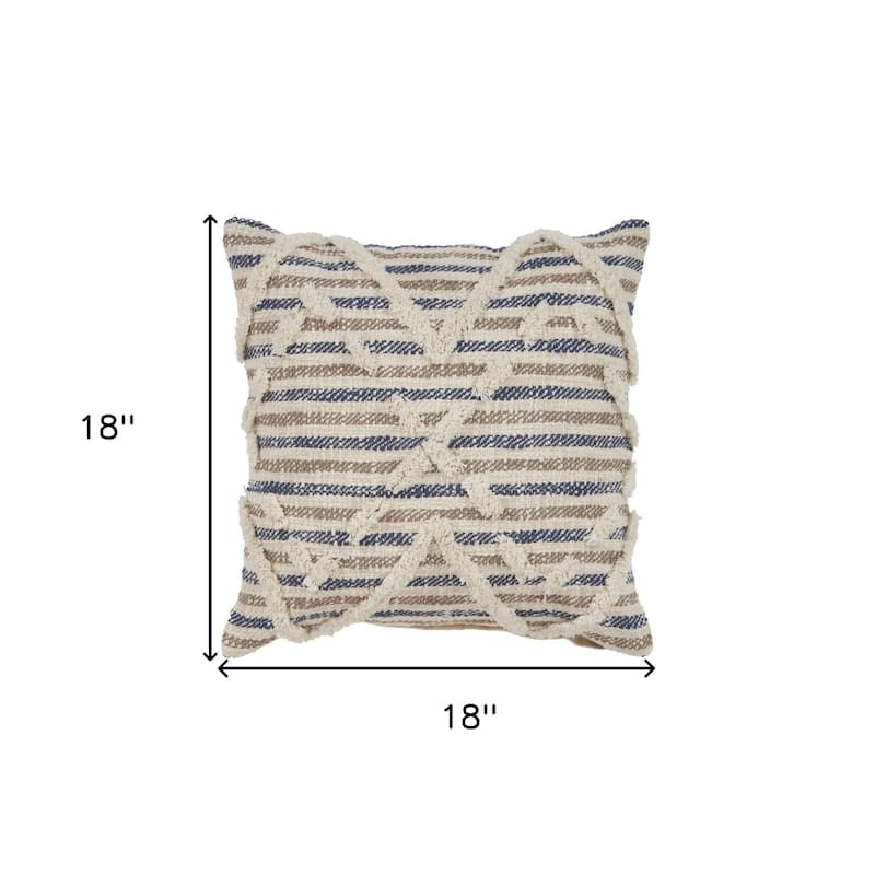HomeRoots 18" X 18" Blue and Beige Striped Cotton Zippered Pillow