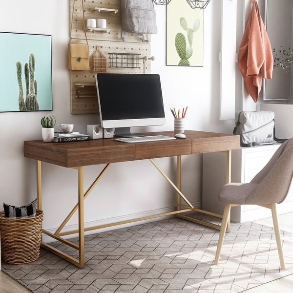 slide 2 of 13, Vaiz Modern 60-inch Metal 3-Drawer Computer Desk with Drawers by Furniture of America Light Walnut