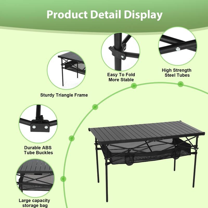 Lightweight Aluminum Camping Table with Roll-Up Top, Mesh Storage, Cup Holders & Carry Bag for Outdoor BBQ, Picnic, Sports