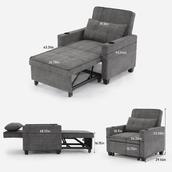 dimension image slide 2 of 3, Tech Cloth Convertible Futon Armchair Bed with USB Ports, 3-Position Backrest and Built-in Storage