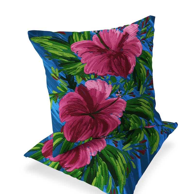 HomeRoots Set of Two 16" X 16" Blue and Pink Blown Seam Floral Indoor Outdoor Throw Pillow - 16.00' X '16.00' X '5.00