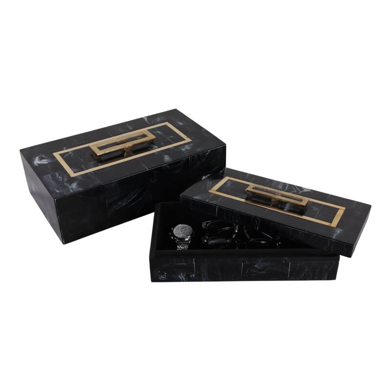 Resin Wood Decorative Storage Boxes (Set of 2) - 5" & 4" Black, Gold - 14" x 8" x 4.5"