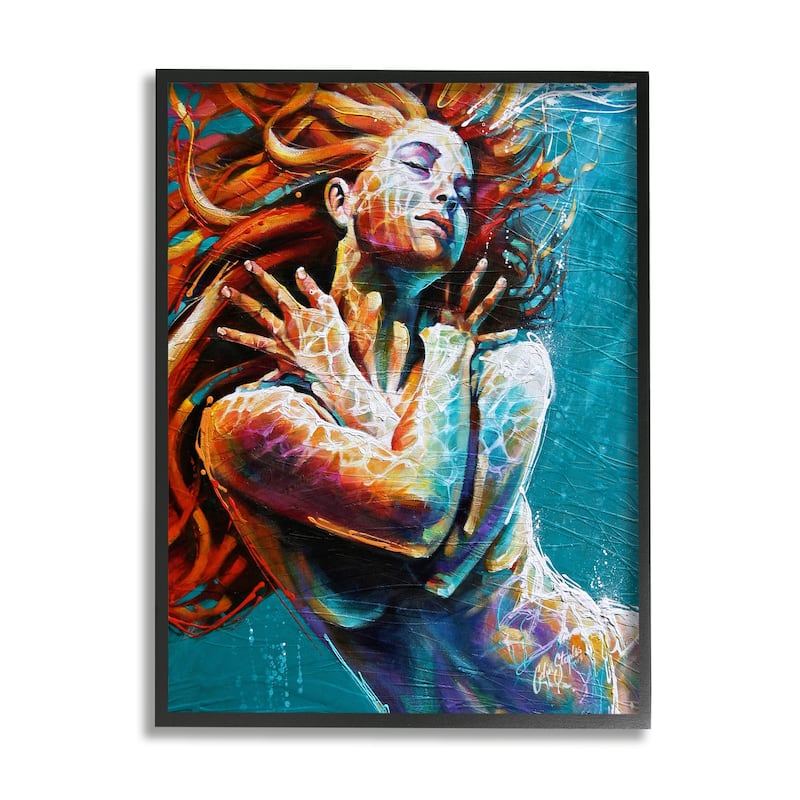 Stupell Beautiful Vivid Woman Underwater Swimming Flowing Hair Framed Wall Art - Blue