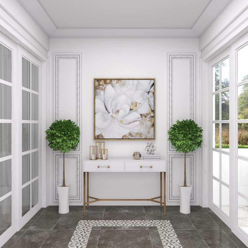 White Canvas Handmade Floral Framed Wall Art with Gold Frame