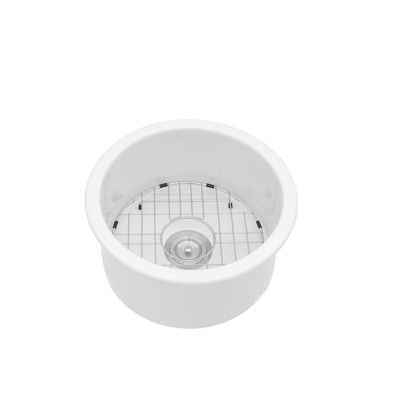 18'' Undermount Single Bowl Porcelain Fireclay Circular Kitchen Sink in White with Drain Assembly and Bottom Grid