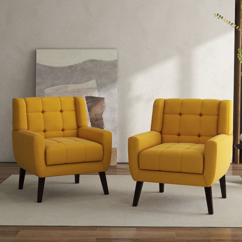 Tufted Wingback Accent Chairs Linen/Faux Leather/Velvet Armchairs Set of 2
