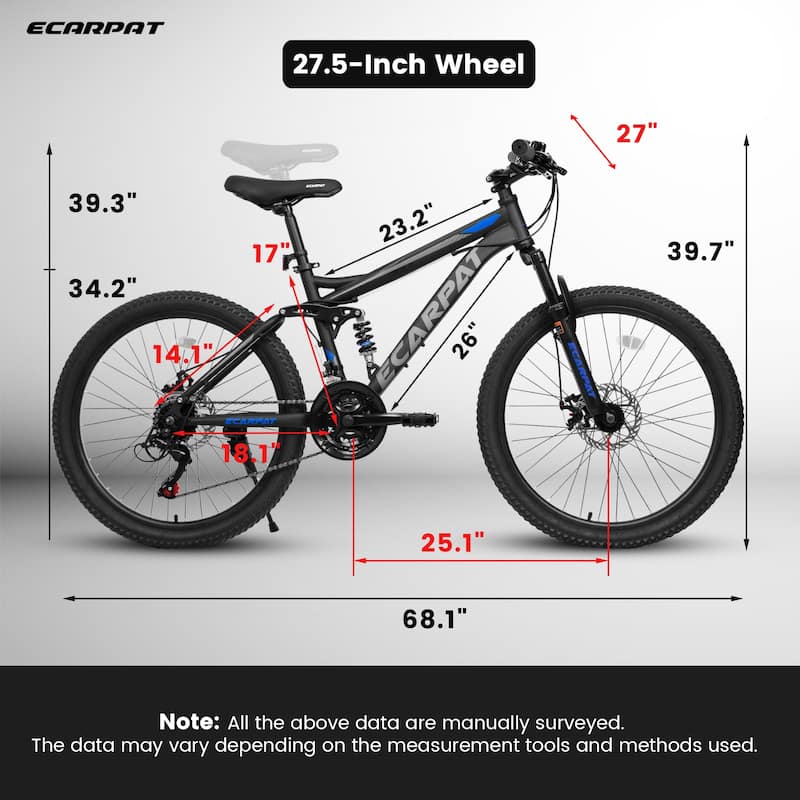 Full Suspension Mountain Bike - Dual Shock Absorbers, Mechanical Disc Brakes, 21-Speed, Unisex, Travel/Fitness - 27.5