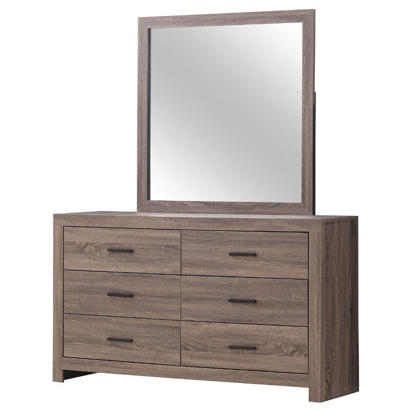 Sili Wide Dresser with Rectangular Mirror, 6 Drawers, Barrel Oak Brown