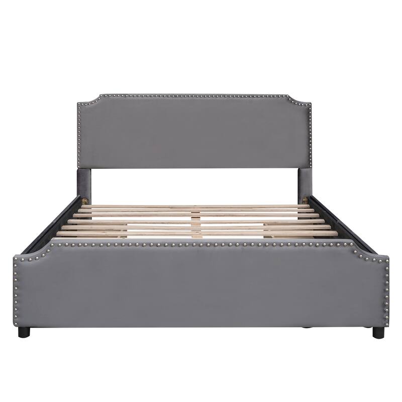 Queen Platform Bed Frame w/ 4 Storage Drawers Velvet Upholstered Headboard w/ Rivets Trim & Footboard, Storage Bed for Bedroom