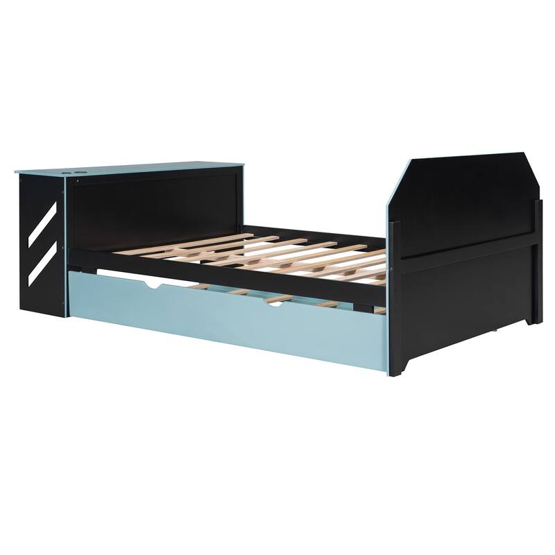 Full Size Wood Daybed with Twin Trundle, Desk, and USB Port