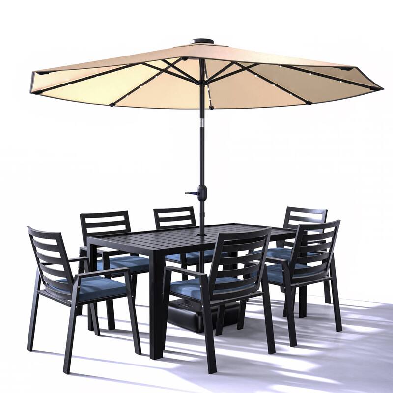 7-Piece Outdoor Dining Set in Black Aluminum Chelsea Series by LeisureMod - Charcoal Blue