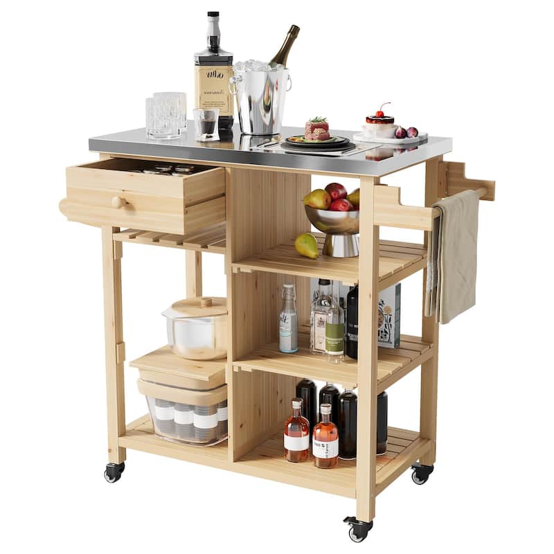 Solid Wood Grill Cart with Stainless Steel Top for Patio and Garden