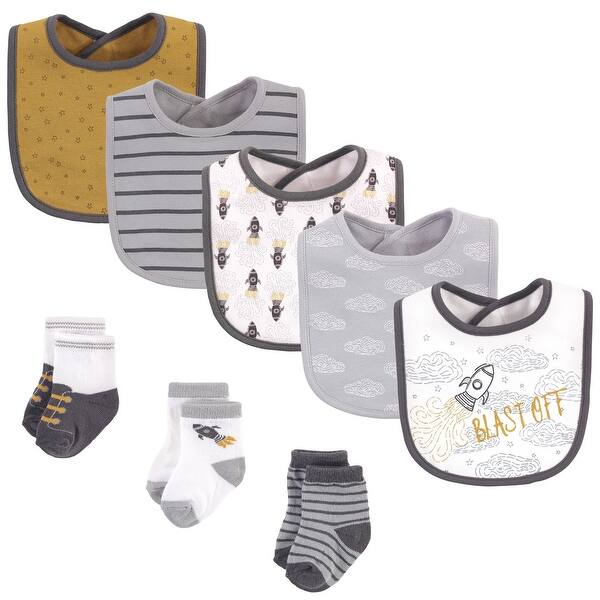 slide 1 of 1, Hudson Baby Infant Boy Cotton Bib and Sock Set 8pk, Blast Off, One Size - Blast Off - One Size One Size - Blast Off