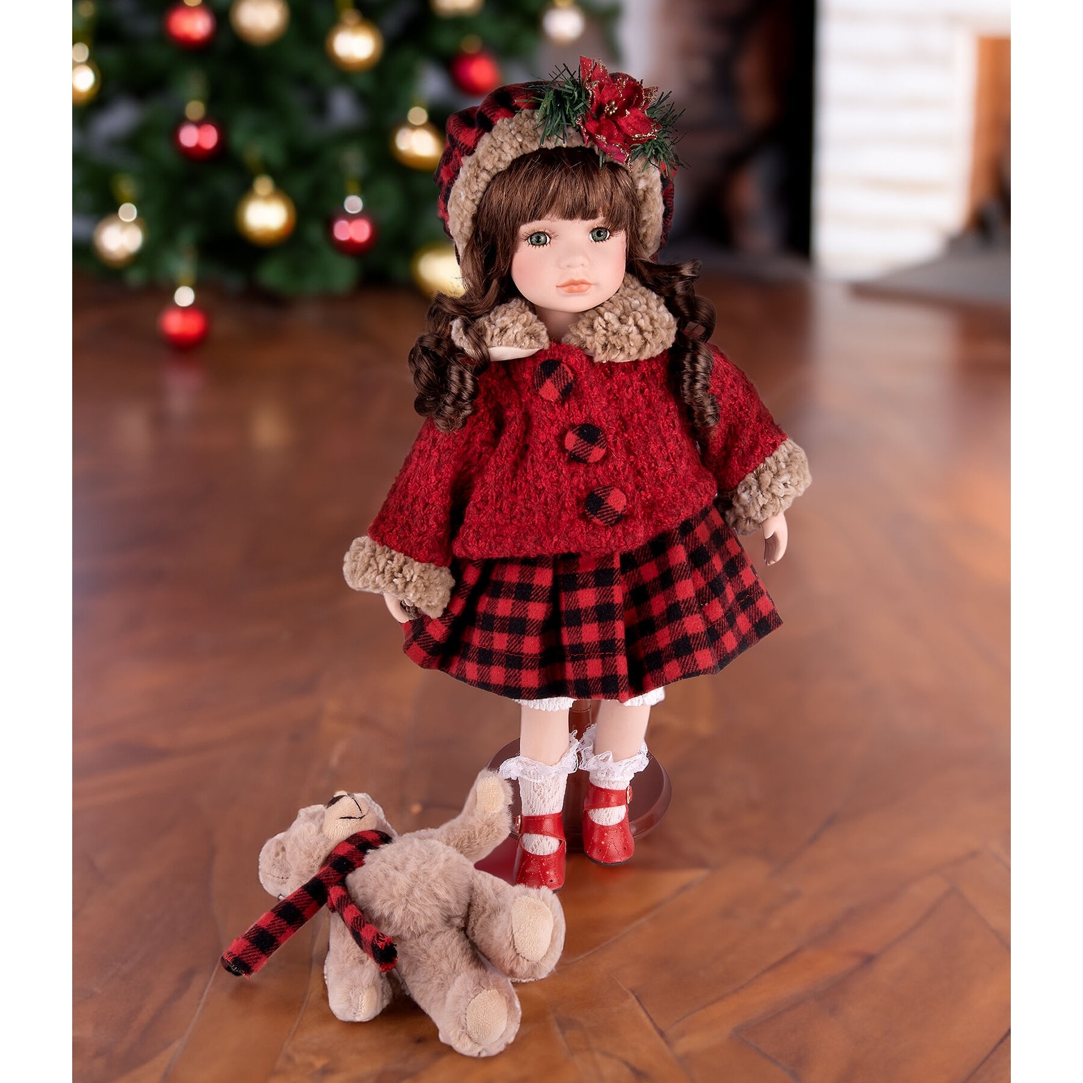 Vintage Porcelain Doll in Red Attire with Teddy Bear Christmas