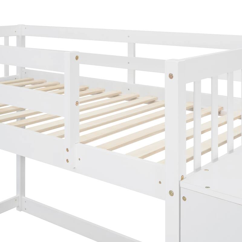 Floor Bunk Bed with Movable Storage Cabinet, Include 4 Storage Drawers and 3 Shelves, Solid Wood Bunkbeds Frame for Kids Teens