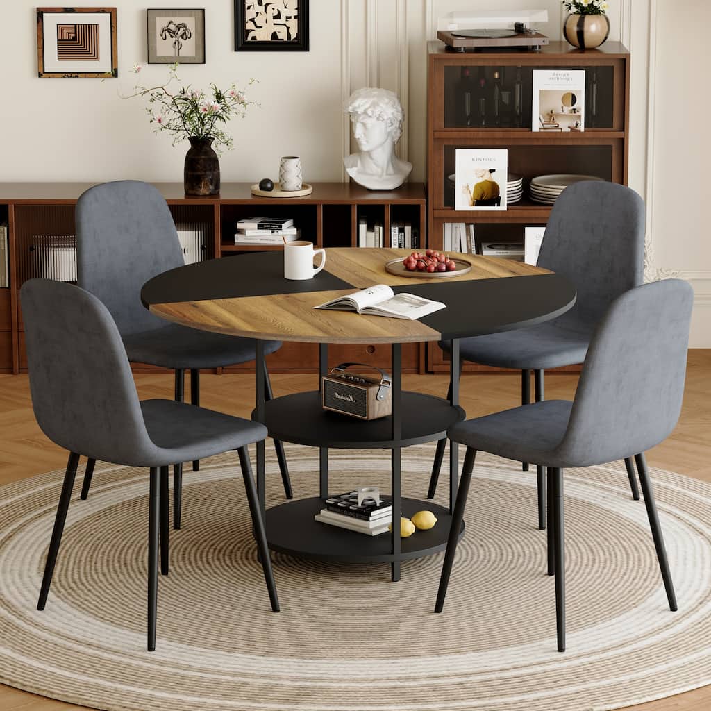 A 47.3-Inch Diameter Modern Splicing Circular Dining Table Set- Double-Layer Storage,Paired with 4 Fabric Chairs
