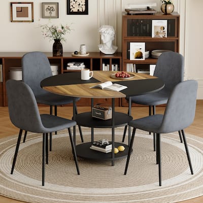 Modern 47.3" Round Storage Dining Table Set for 4, 5-Piece Wood Top Table with Lower Shelf and 4 Linen Fabric Chairs for Kitchen