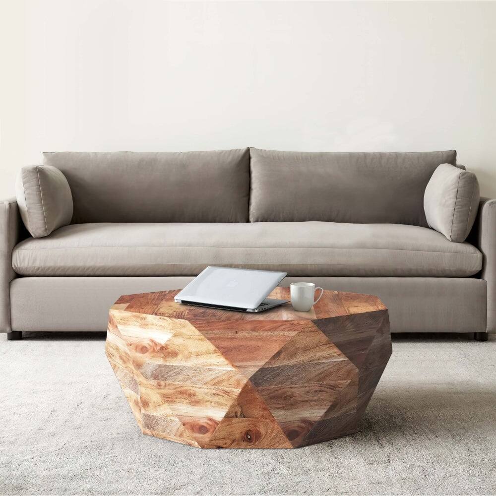 33 Inch Diamond Shape Acacia Wood Coffee Table With Smooth Top, Natural Brown - 15 H x 33 W x 33 L Inches
