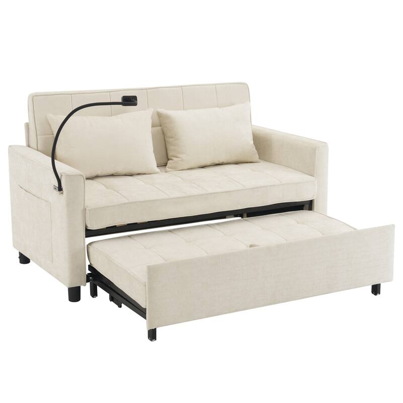 Loveseat Convertible Pull-out Sleeper Sofa Bed, with Reversible Backrest Cushion 2 USB Ports and Pockets Sleeper Couch
