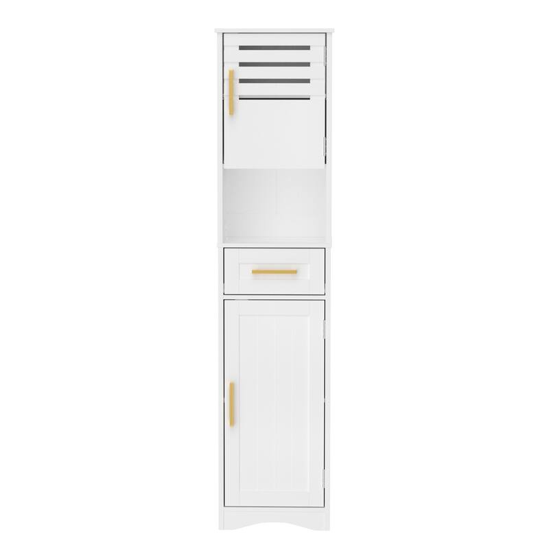 Tall Bathroom Floor Storage Cabinet withDrawer, Narrow Slim Freestanding Cabinet with 5 Adjustable Height Shelf - White