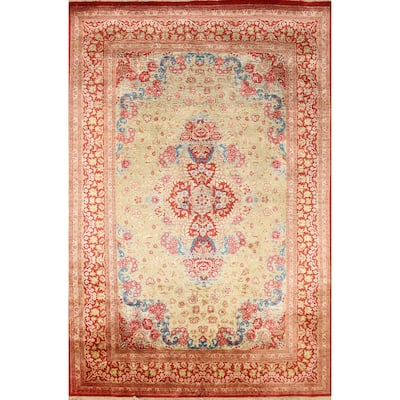 Gold Qum Persian Accent Rug Traditional Handmade Floral Silk Carpet - 3'3"x 5'0"