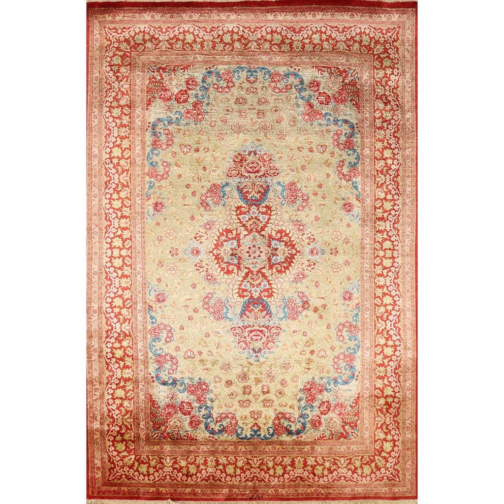 Gold Qum Persian Accent Rug Traditional Handmade Floral Silk Carpet - 3'3"x 5'0"