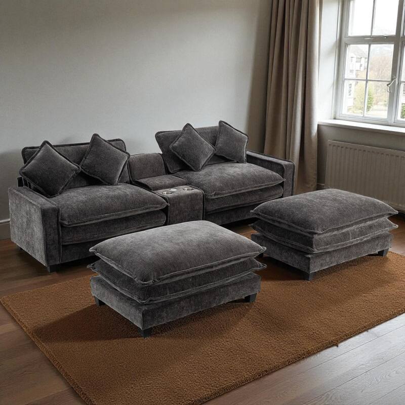 111" Chenille Upholstered Sectional Sofa with 2 Ottomans, USB Ports, Cup Holders and Storage Box for Living Room