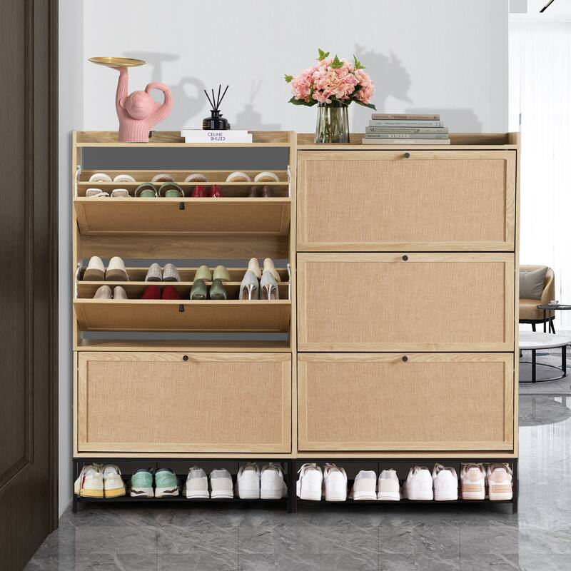 Wooden Shoe Storage Cabinet with triple-tier flip-up drawer