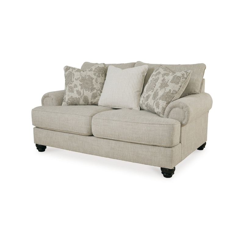 Asen 71 Inch Loveseat with 3 Accent Pillows, Roll Arms, Polyester, Beige
