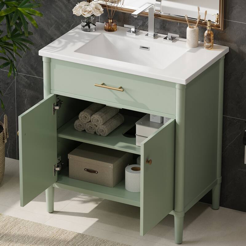 31 Inch Bathroom Vanity with Sink Soft Close Doors Adjustable Shelf Rubber Wood Legs, Curved Profile Design