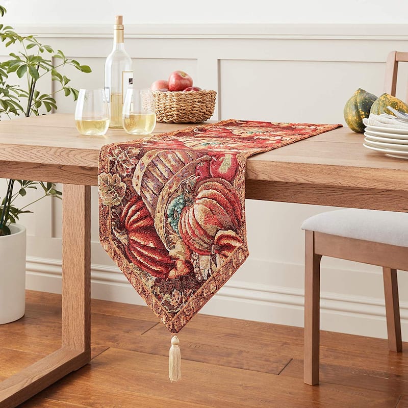 Violet Linen Fall Harvest Thanksgiving Autumn Leaves Table Runner - 13" X 70" - Brown