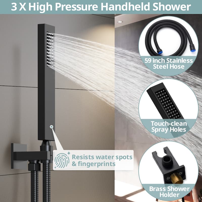 Dual Heads 12" Rainfall & High Pressure 6" Shower System w/ 3 Way Digital Display Faucet