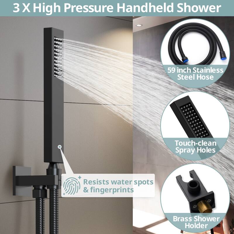 Dual Heads Thermostatic Shower System 12" Wall Rain Shower Head & 12" Ceiling High Pressure Shower Faucet with 6 Body Jets