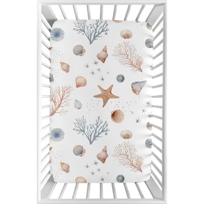 Sweet Jojo Designs Ocean Seashells Boy, Girl, Unisex/Gender Neutral Fitted Mini Portable Crib Sheet - Nautical Beach Watercolor