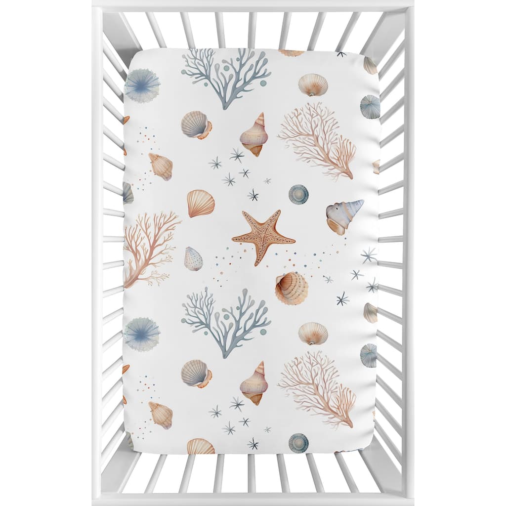 Sweet Jojo Designs Ocean Seashells Boy, Girl, Unisex/Gender Neutral Fitted Mini Portable Crib Sheet - Nautical Beach Watercolor