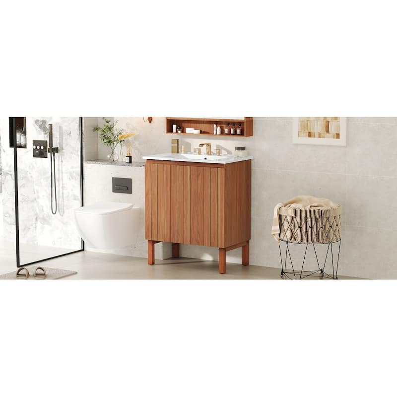 Roomfitters 30" Modern Bathroom Vanity with Ceramic Sink, Minimalist Cabinet with Vertical Stripe Design, Antique Natural